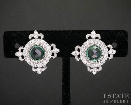 Sterling Silver Judith Ripka Green Quartz & CZ Clip On Earrings 12.7g p22700