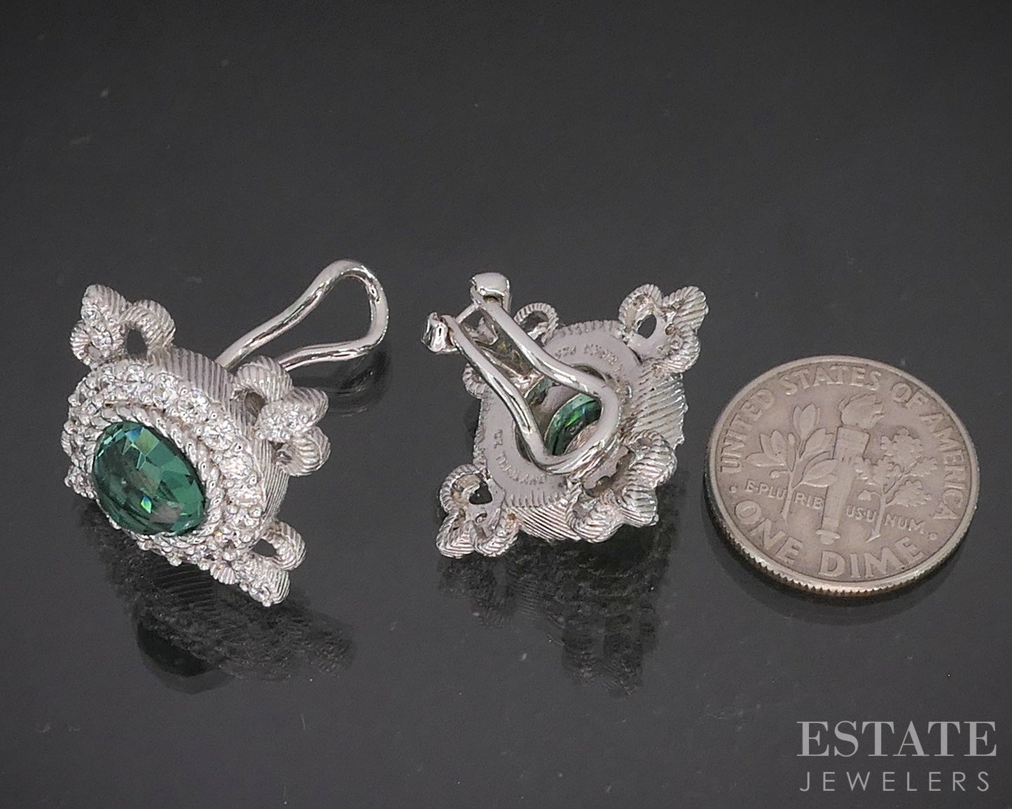 Sterling Silver Judith Ripka Green Quartz & CZ Clip On Earrings 12.7g p22700