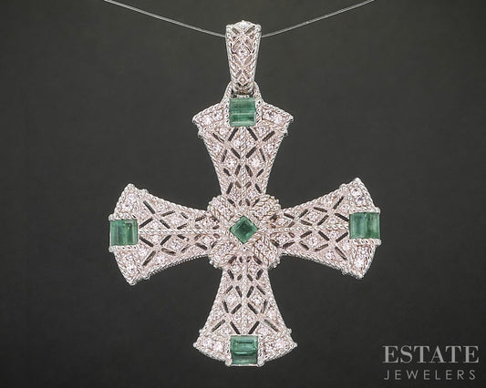 Sterling Silver Judith Ripka Emerald & CZ Maltese Cross Pendant 16g p22704