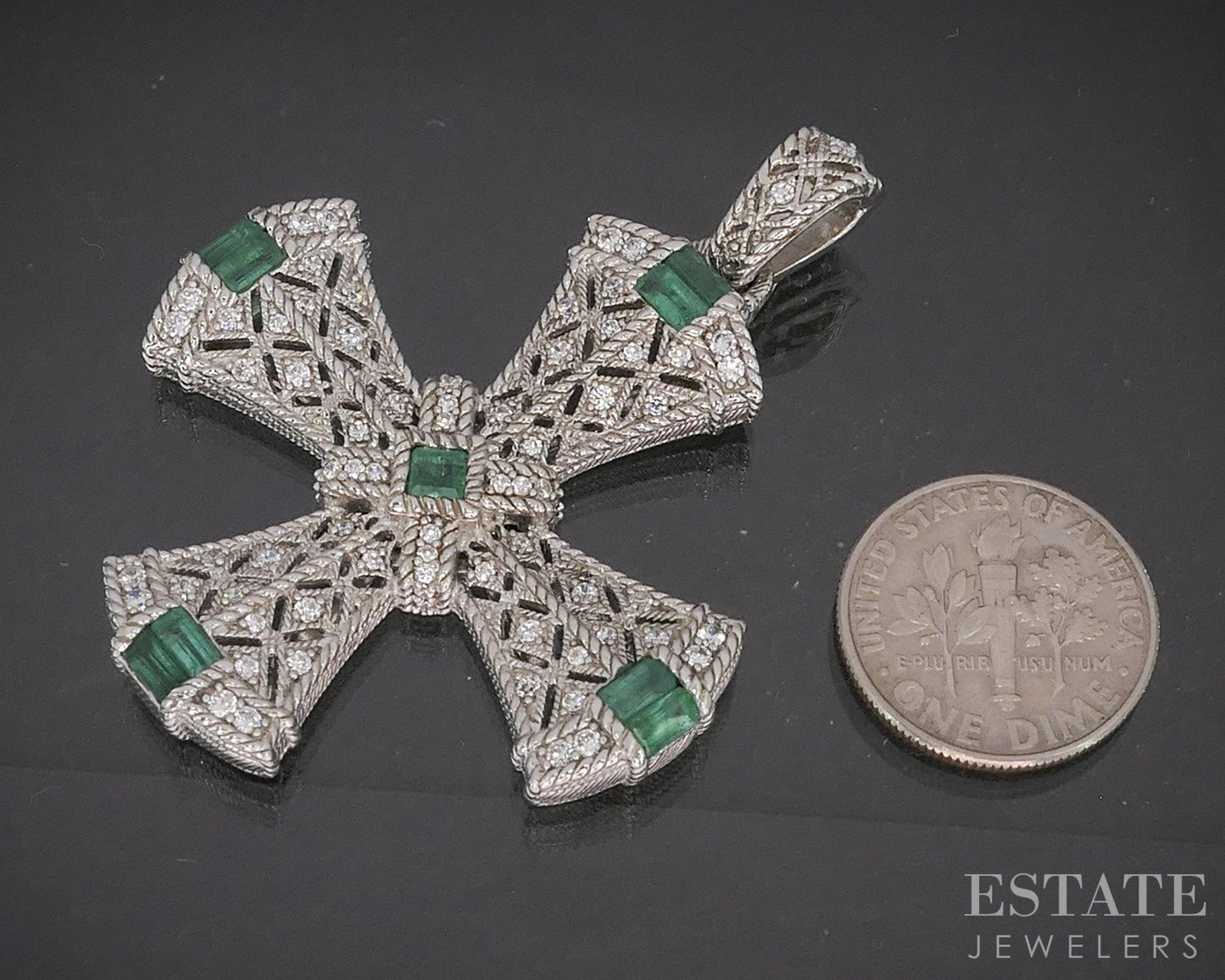 Sterling Silver Judith Ripka Emerald & CZ Maltese Cross Pendant 16g p22704