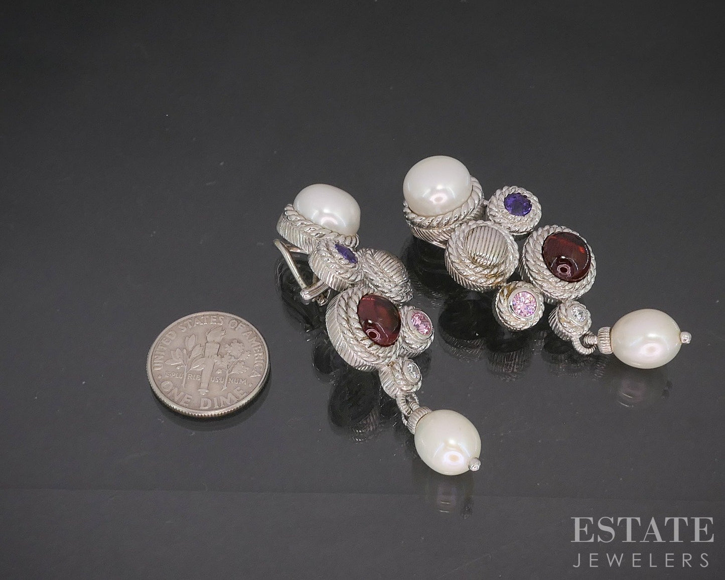 Sterling Silver Judith Ripka Multi Gem Pearl CZ Clip On Earrings 28g p22713
