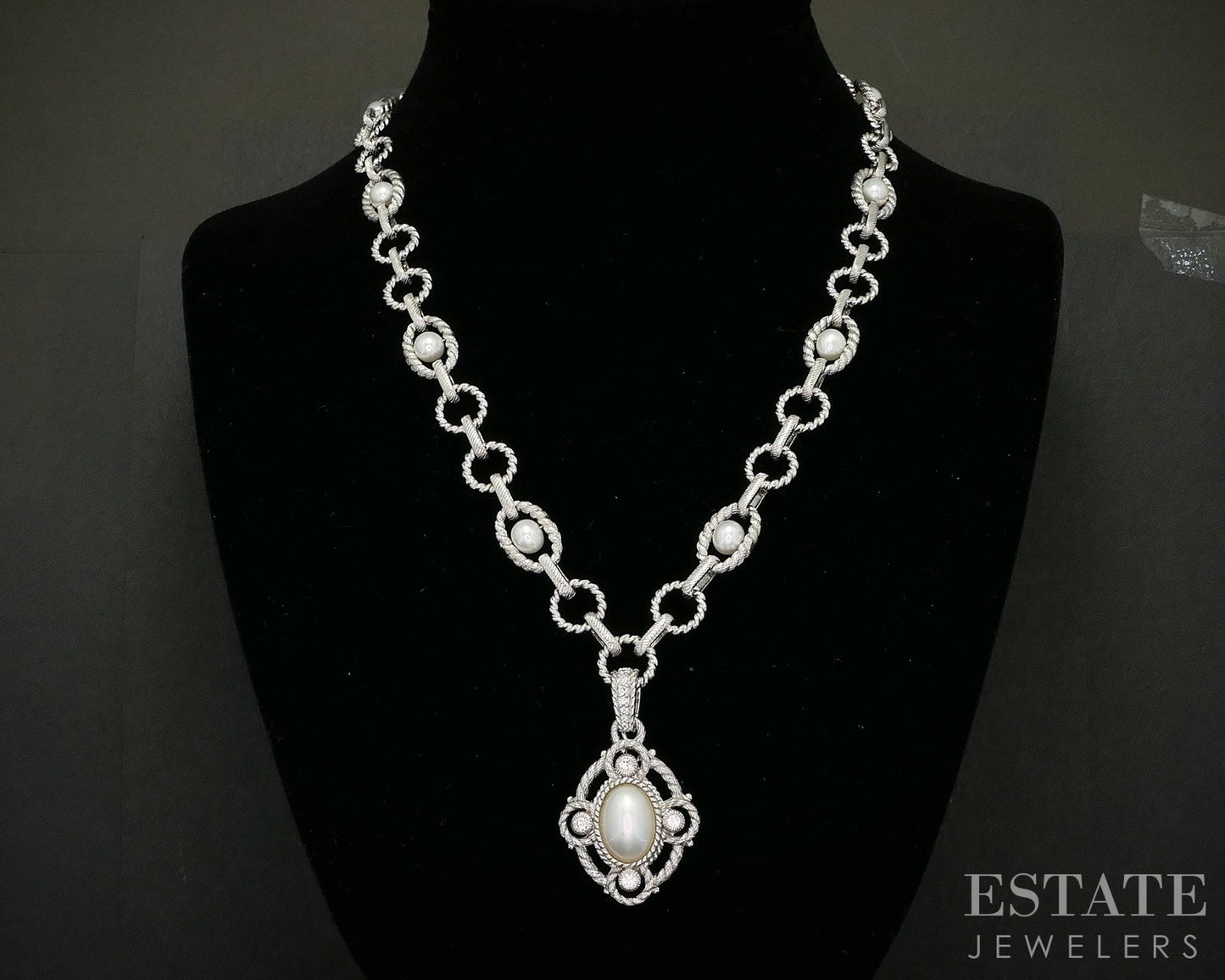 Sterling Judith Ripka Mabe Pearl & CZ Station Chain Necklace 59g 20"L p22720