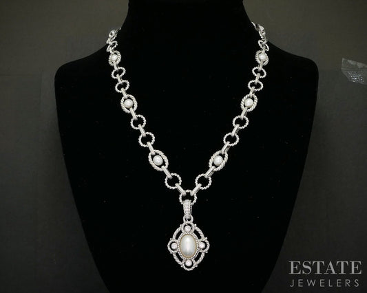 Sterling Judith Ripka Mabe Pearl & CZ Station Chain Necklace 59g 20"L p22720
