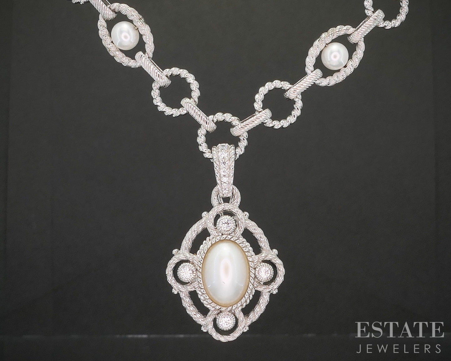 Sterling Judith Ripka Mabe Pearl & CZ Station Chain Necklace 59g 20"L p22720