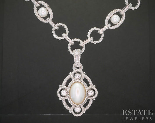 Sterling Judith Ripka Mabe Pearl & CZ Station Chain Necklace 59g 20"L p22720