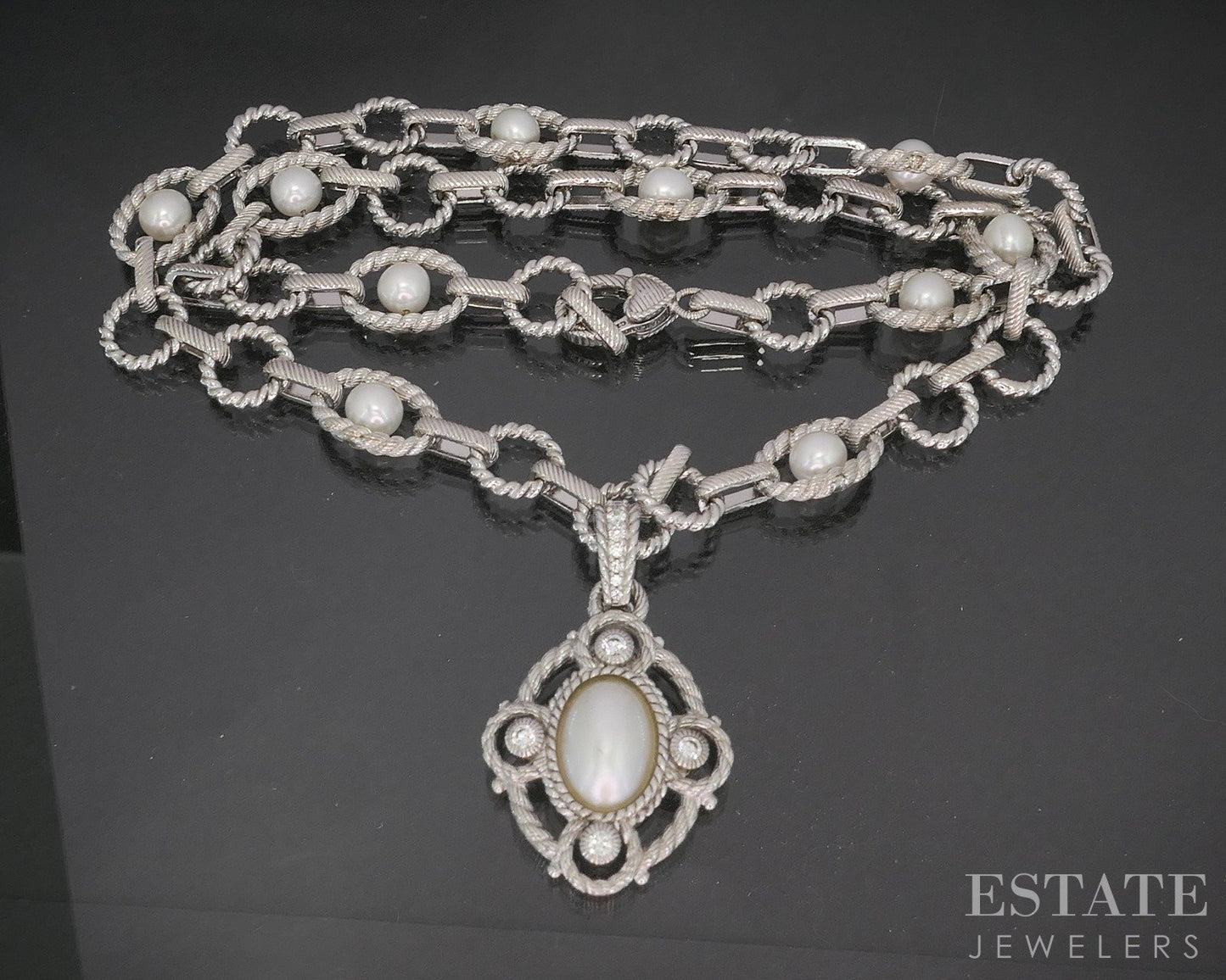 Sterling Judith Ripka Mabe Pearl & CZ Station Chain Necklace 59g 20"L p22720