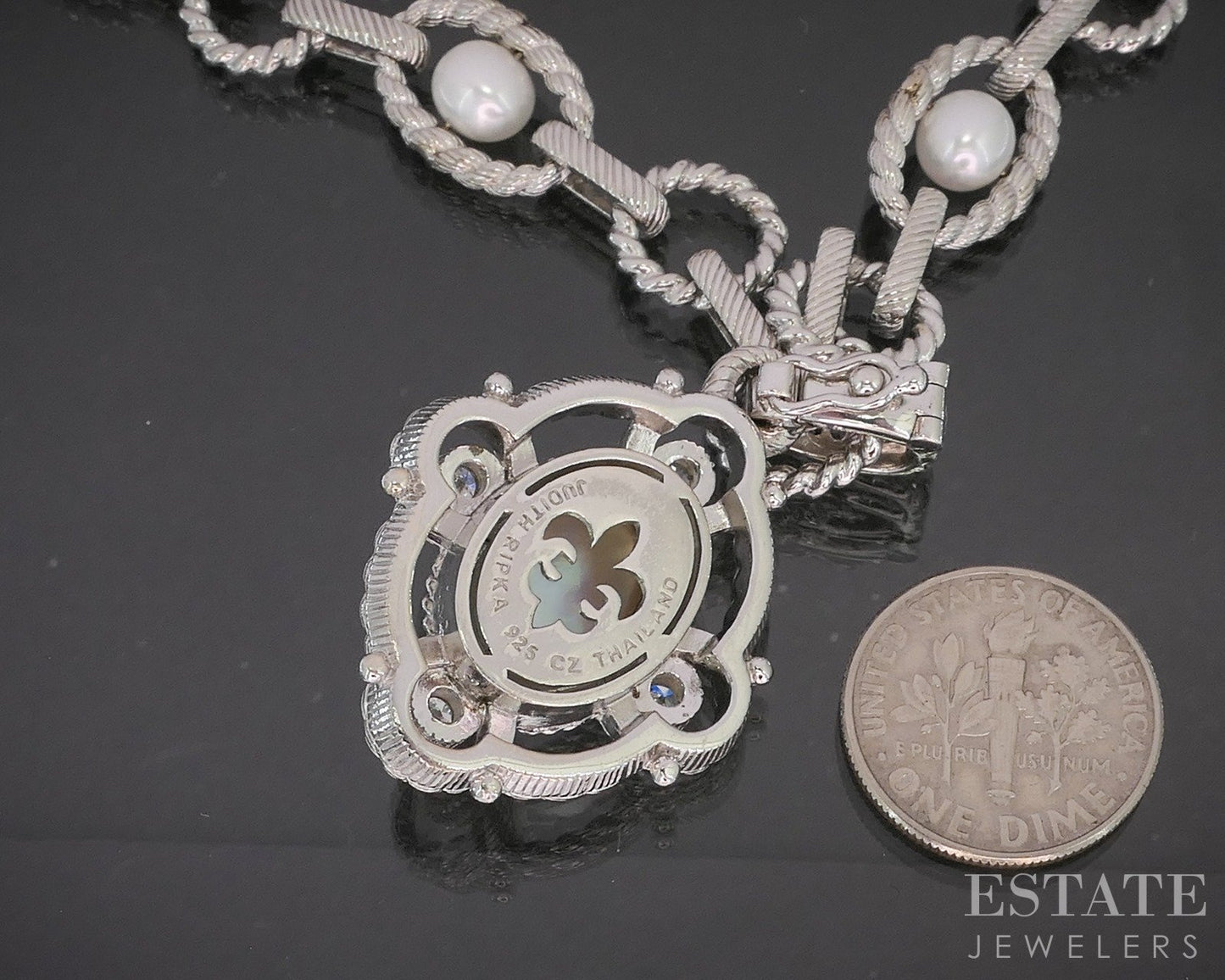 Sterling Judith Ripka Mabe Pearl & CZ Station Chain Necklace 59g 20"L p22720
