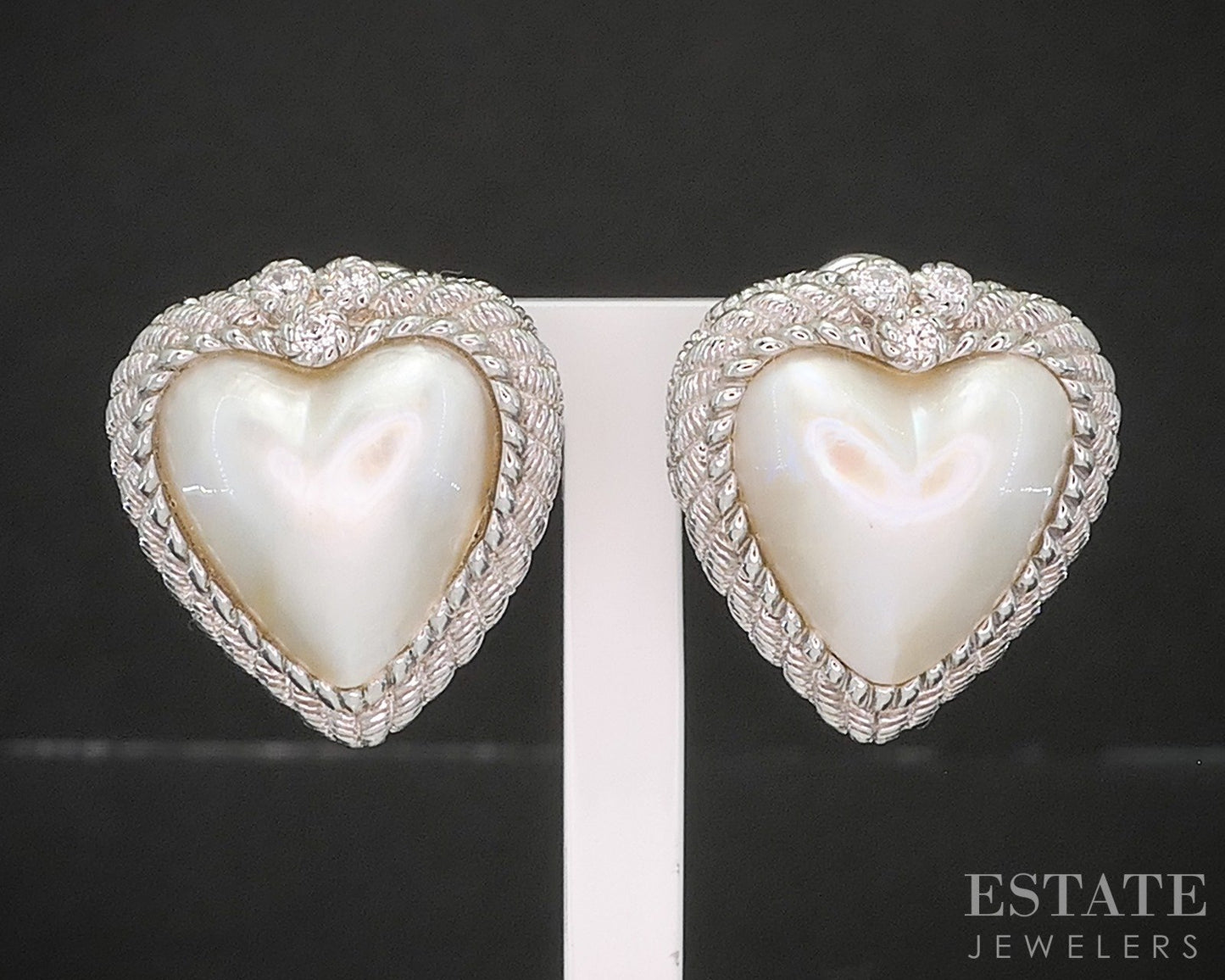 Sterling Silver Judith Ripka Mabe Pearl CZ Heart Clip On Earrings 10.8g p22730