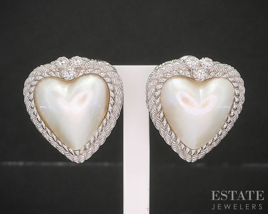 Sterling Silver Judith Ripka Mabe Pearl CZ Heart Clip On Earrings 10.8g p22730