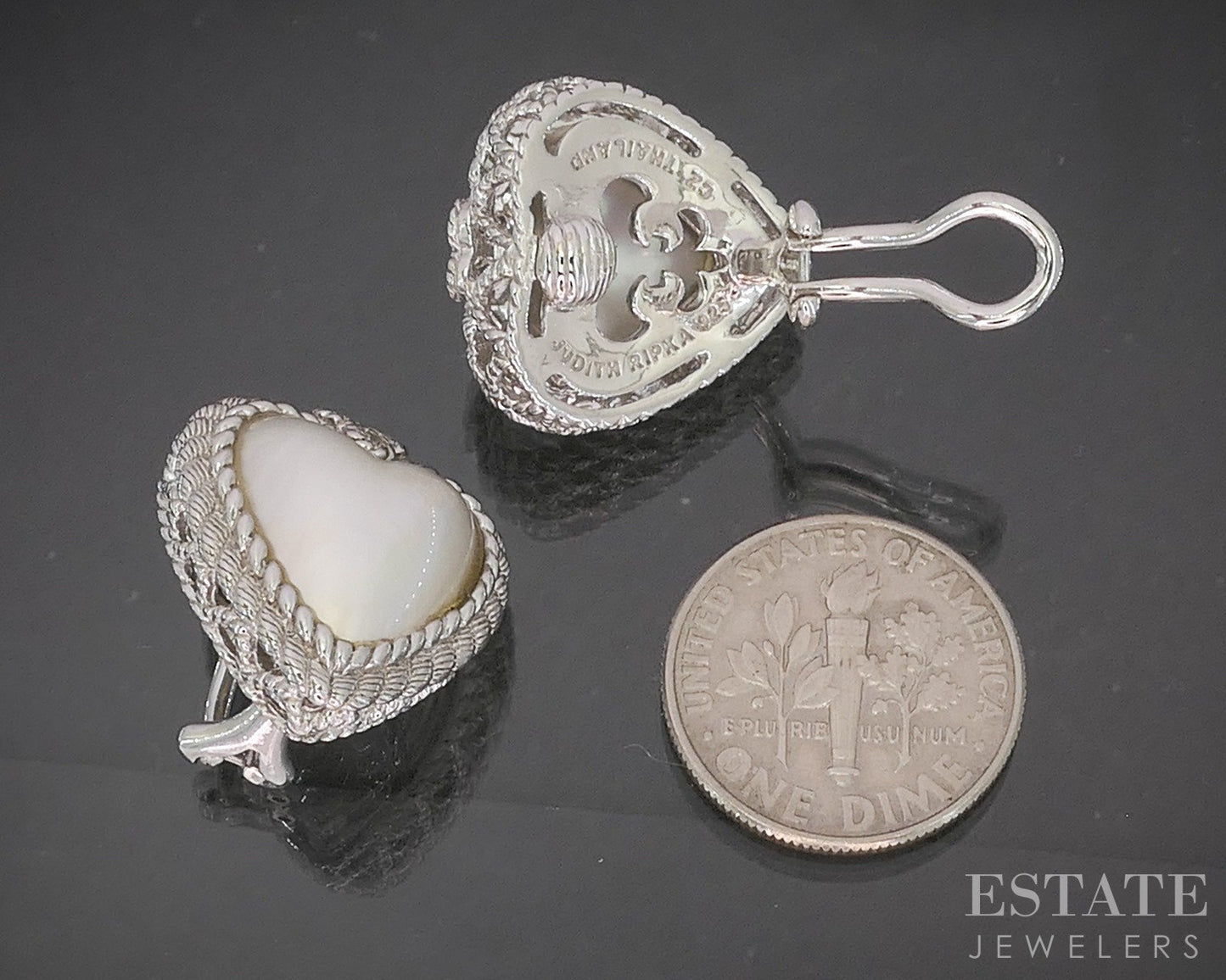 Sterling Silver Judith Ripka Mabe Pearl CZ Heart Clip On Earrings 10.8g p22730