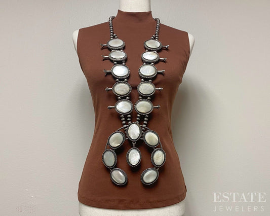 GIANT Sterling MOP Navajo Signed Danny Pox Squash Blossom Necklace 665g p20662