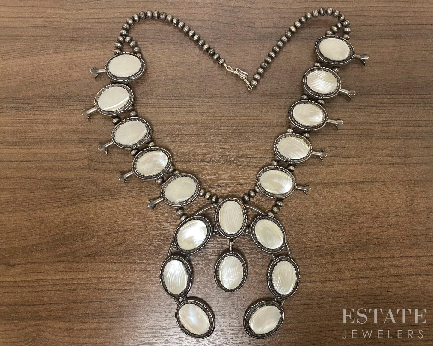 GIANT Sterling MOP Navajo Signed Danny Pox Squash Blossom Necklace 665g p20662