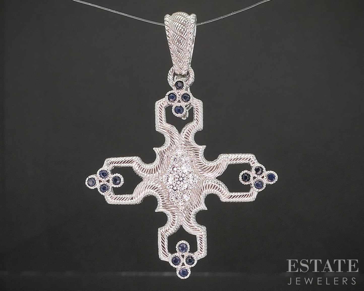 Sterling Silver Judith Ripka Blue Sapphire & CZ Maltese Cross Pendant 9g p22811