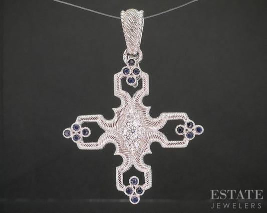 Sterling Silver Judith Ripka Blue Sapphire & CZ Maltese Cross Pendant 9g p22811