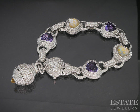Sterling Silver Judith Ripka Multi Gem CZ Heart Tennis Bracelet 52g 7.5"L p22823