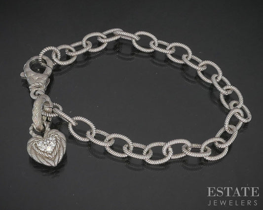 Sterling Silver Judith Ripka Heart Charm CZ Ladies Bracelet 17g 7.5"L p22824