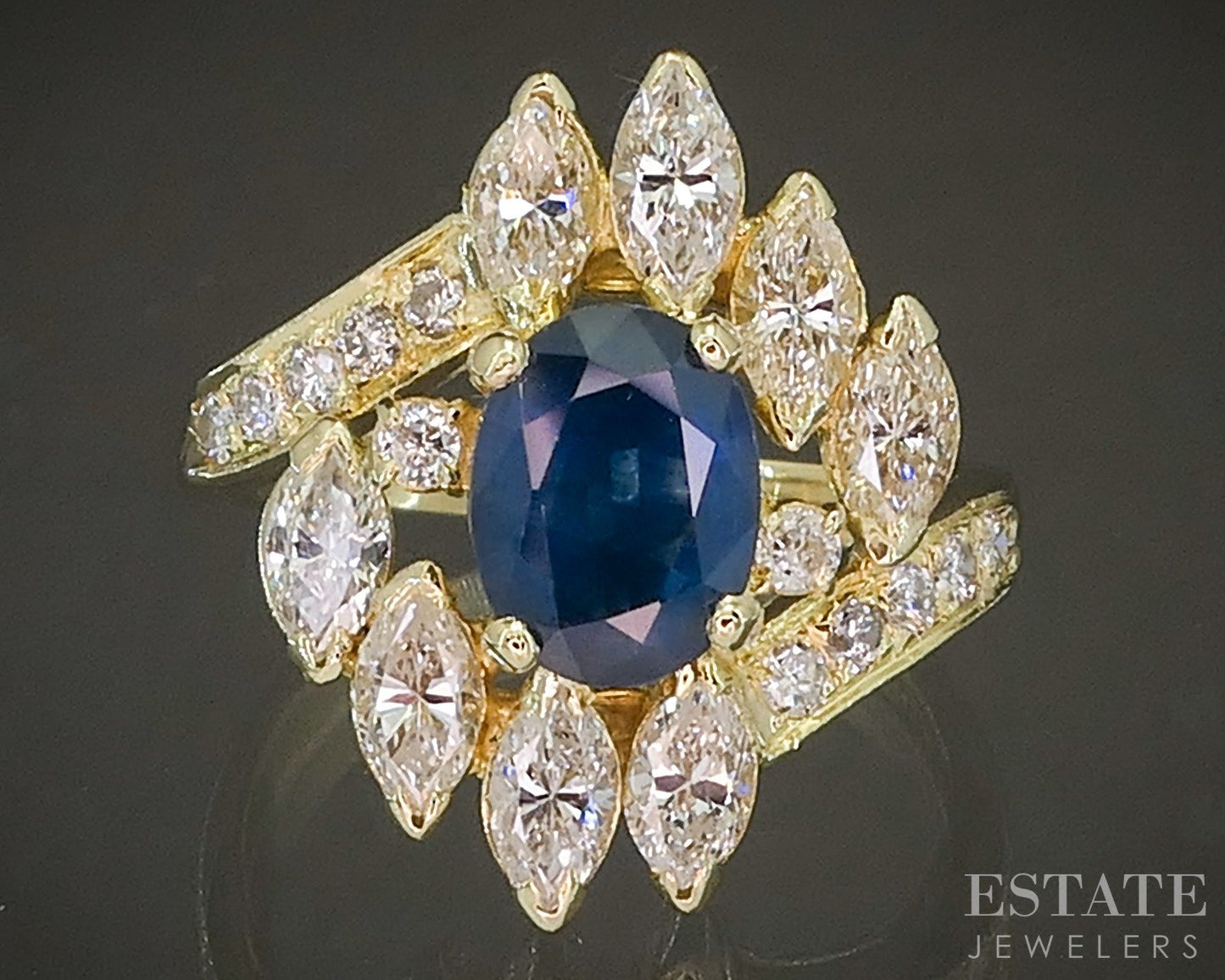 18k Yellow Gold Oval Natural Blue Sapphire & Diamond Cocktail Ring 5.6g p21512