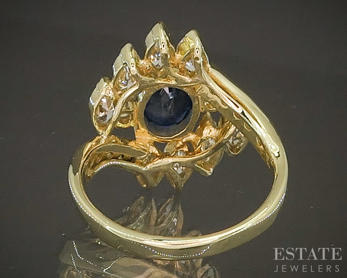 18k Yellow Gold Oval Natural Blue Sapphire & Diamond Cocktail Ring 5.6g p21512