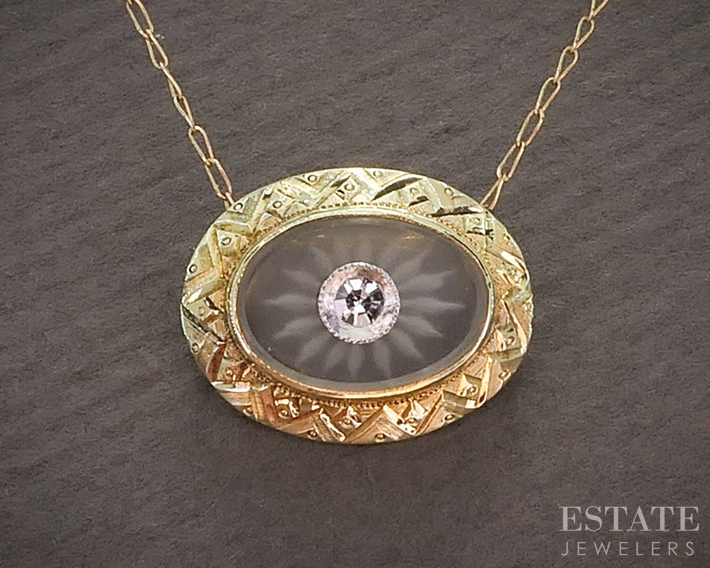 Antique 14k Yellow Gold Rock Crystal Quartz Diamond Ladies Necklace 1.7g p18640