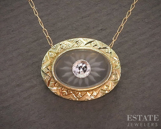 Antique 14k Yellow Gold Rock Crystal Quartz Diamond Ladies Necklace 1.7g p18640