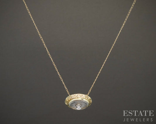 Antique 14k Yellow Gold Rock Crystal Quartz Diamond Ladies Necklace 1.7g p18640