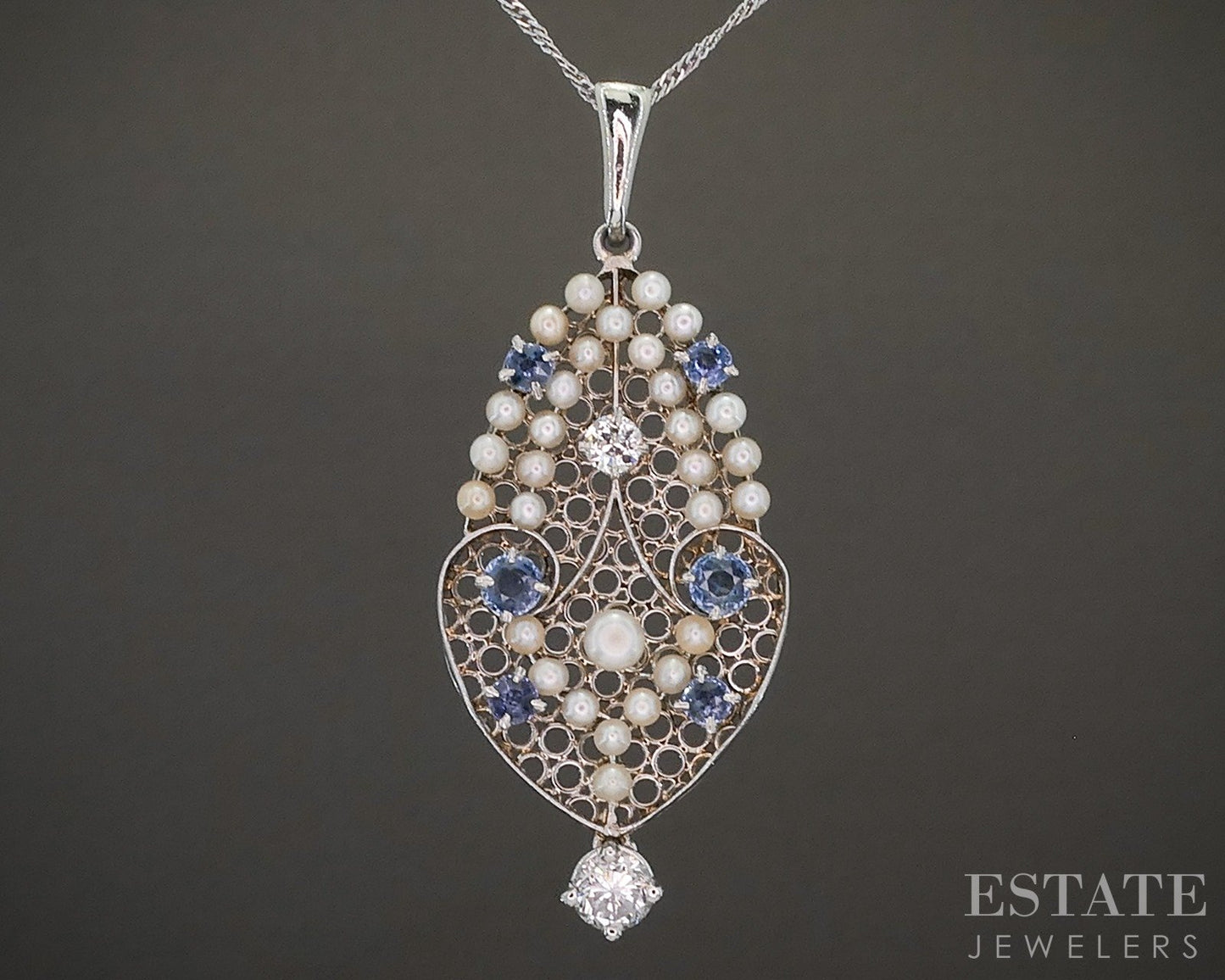 Antique Edwardian Platinum Blue Sapphire Pearl Diamond Filigree Necklace p16184