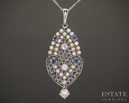 Antique Edwardian Platinum Blue Sapphire Pearl Diamond Filigree Necklace p16184