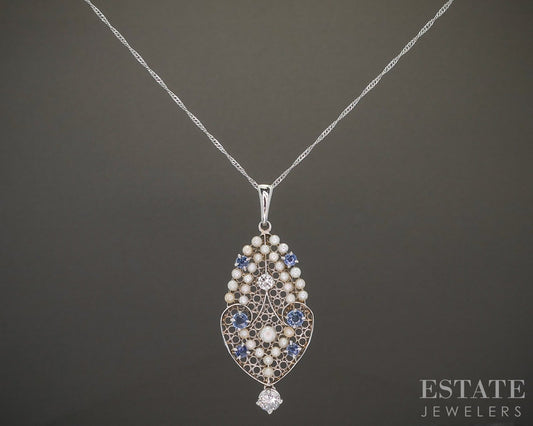 Antique Edwardian Platinum Blue Sapphire Pearl Diamond Filigree Necklace p16184