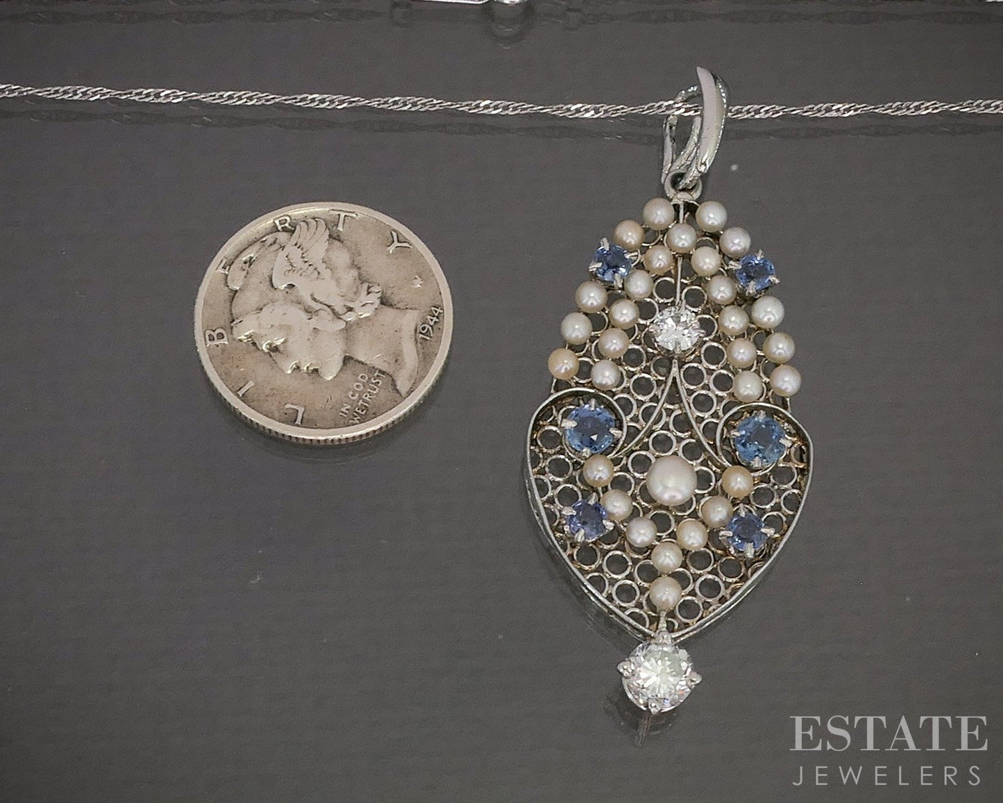 Antique Edwardian Platinum Blue Sapphire Pearl Diamond Filigree Necklace p16184
