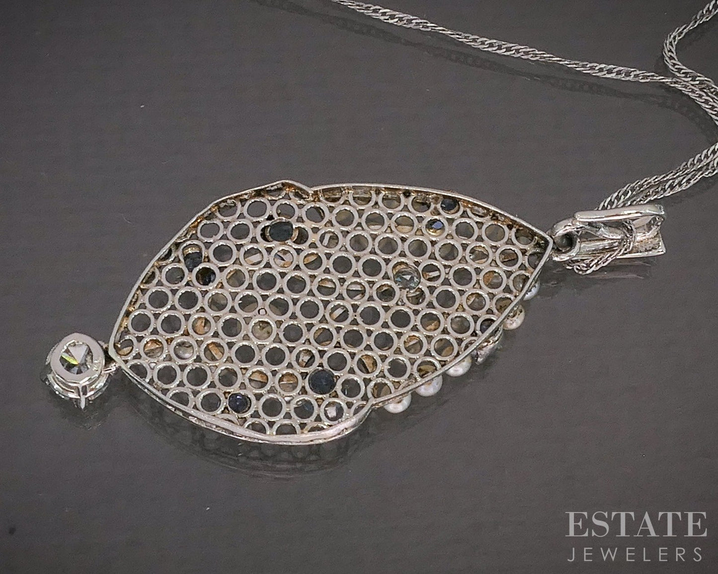 Antique Edwardian Platinum Blue Sapphire Pearl Diamond Filigree Necklace p16184