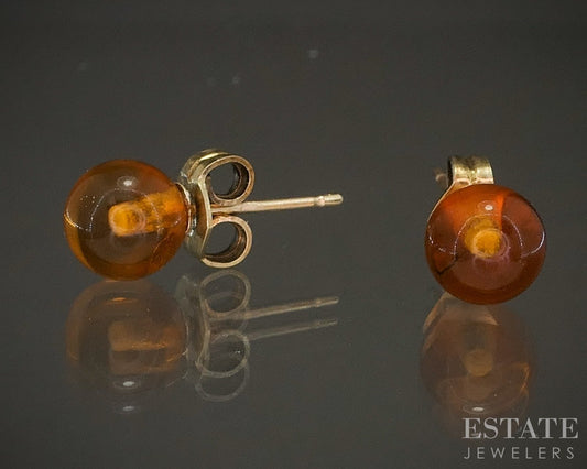 14k Yellow Gold 6mm Natural Amber Bead Stud Earrings p20266