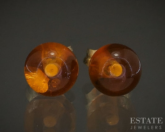 14k Yellow Gold 6mm Natural Amber Bead Stud Earrings p20266