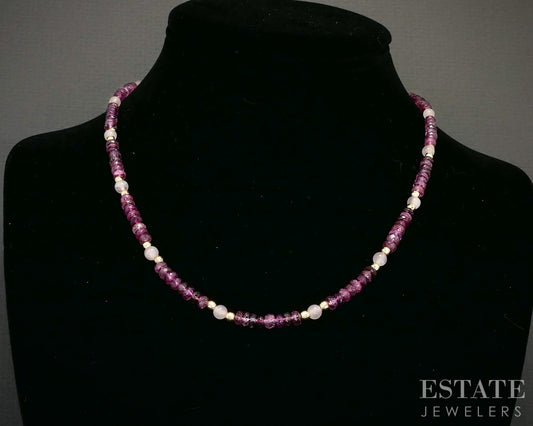 14k Yellow Gold Pink Tourmaline & Rose Quartz Beaded Necklace 13g 18"L p22853