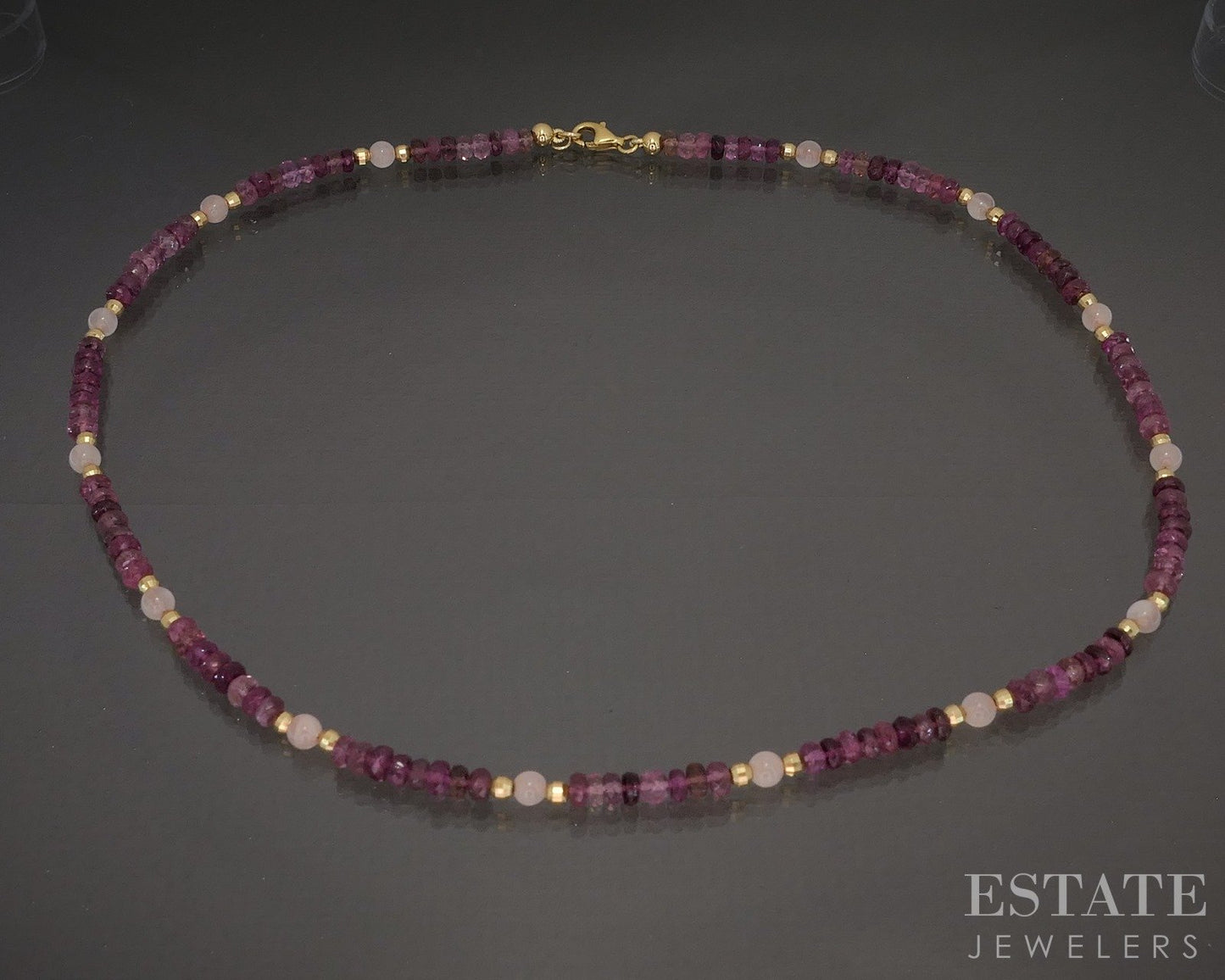 14k Yellow Gold Pink Tourmaline & Rose Quartz Beaded Necklace 13g 18"L p22853