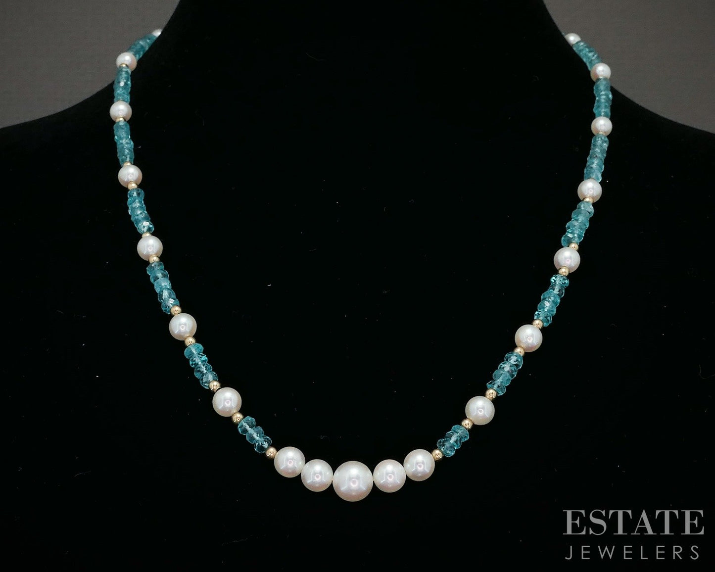 14k Yellow Gold 3.5mm Natural Apatite & Pearl Beaded Necklace 12.8g 18"L p22862