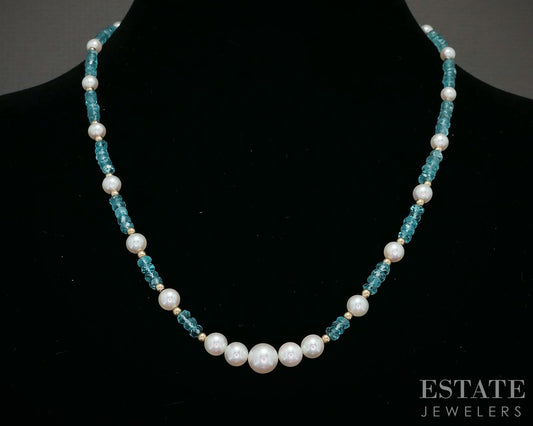 14k Yellow Gold 3.5mm Natural Apatite & Pearl Beaded Necklace 12.8g 18"L p22862