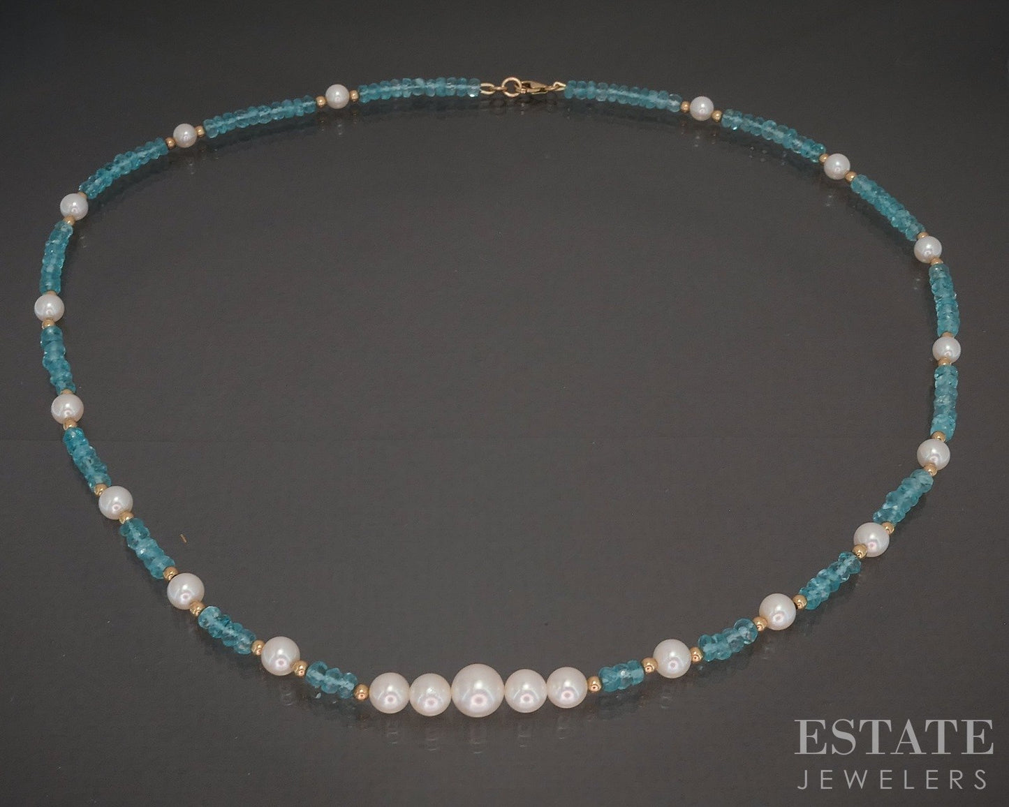 14k Yellow Gold 3.5mm Natural Apatite & Pearl Beaded Necklace 12.8g 18"L p22862