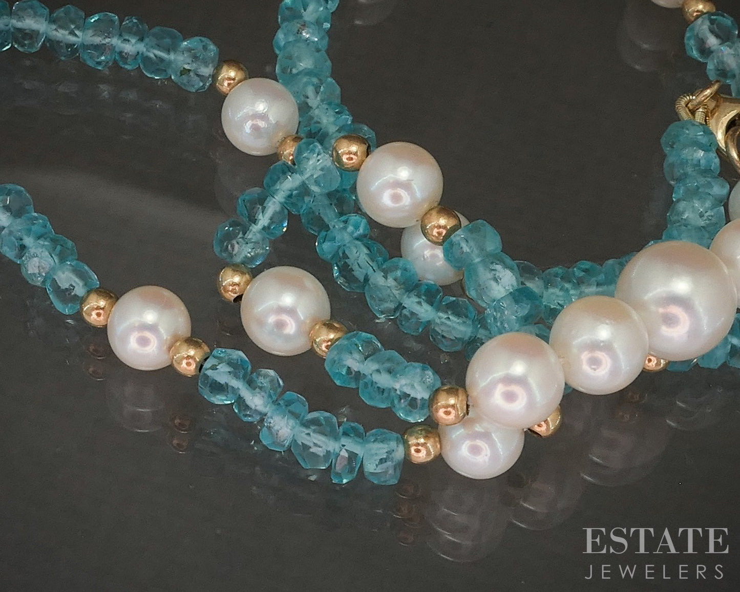 14k Yellow Gold 3.5mm Natural Apatite & Pearl Beaded Necklace 12.8g 18"L p22862
