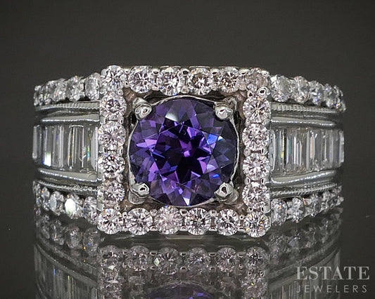 14k White Gold Round Natural Amethyst & Diamond Ladies Halo Ring 8.8g p17577