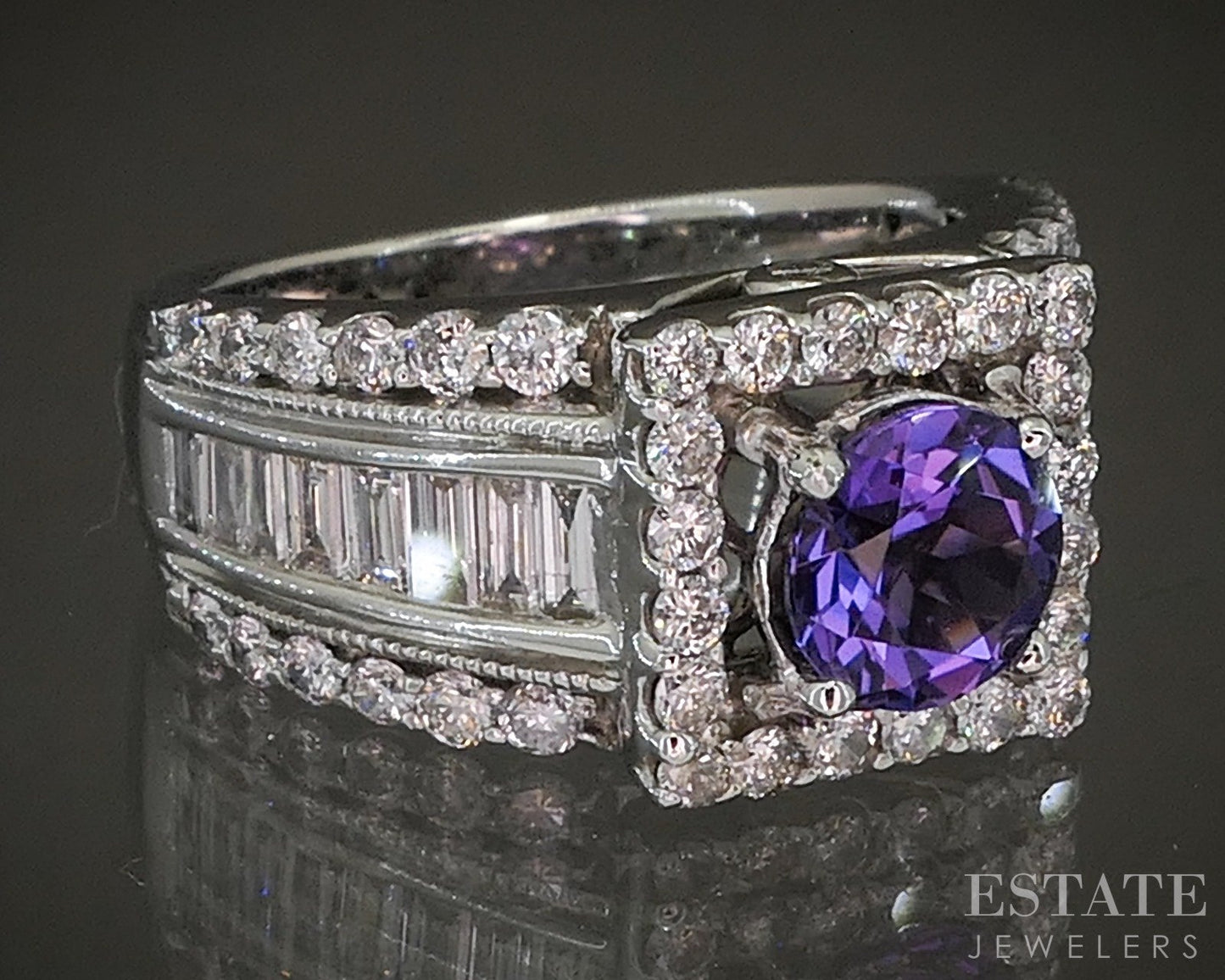 14k White Gold Round Natural Amethyst & Diamond Ladies Halo Ring 8.8g p17577