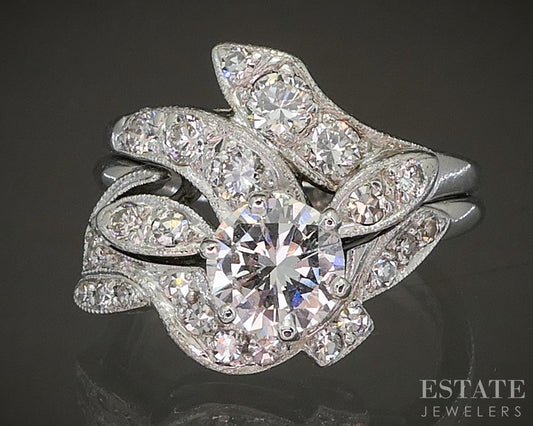 Antique 14k White Gold Round Natural 1.42ctw Diamond Wedding Set 6.6g p15966