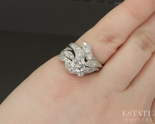 Antique 14k White Gold Round Natural 1.42ctw Diamond Wedding Set 6.6g p15966