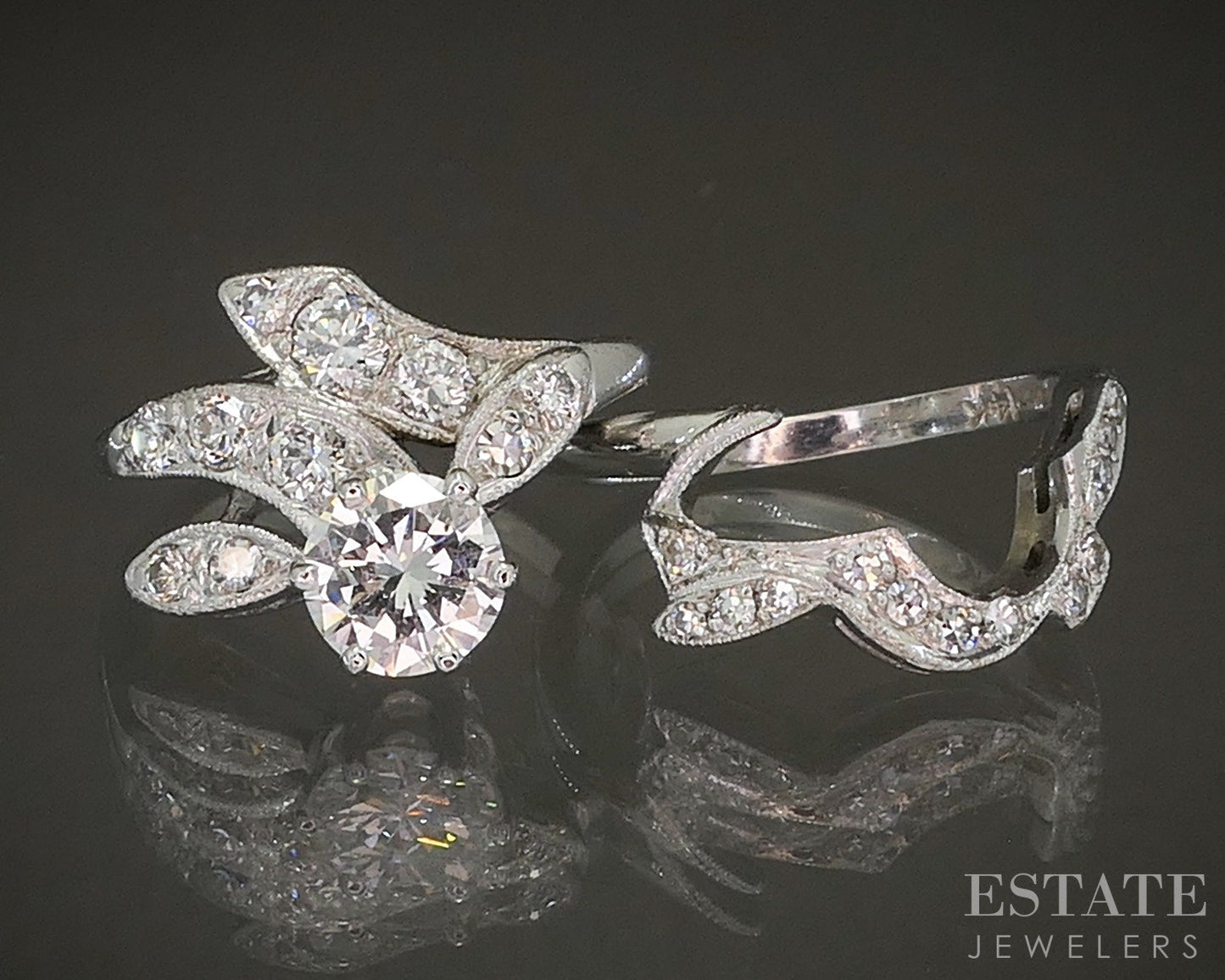 Antique 14k White Gold Round Natural 1.42ctw Diamond Wedding Set 6.6g p15966