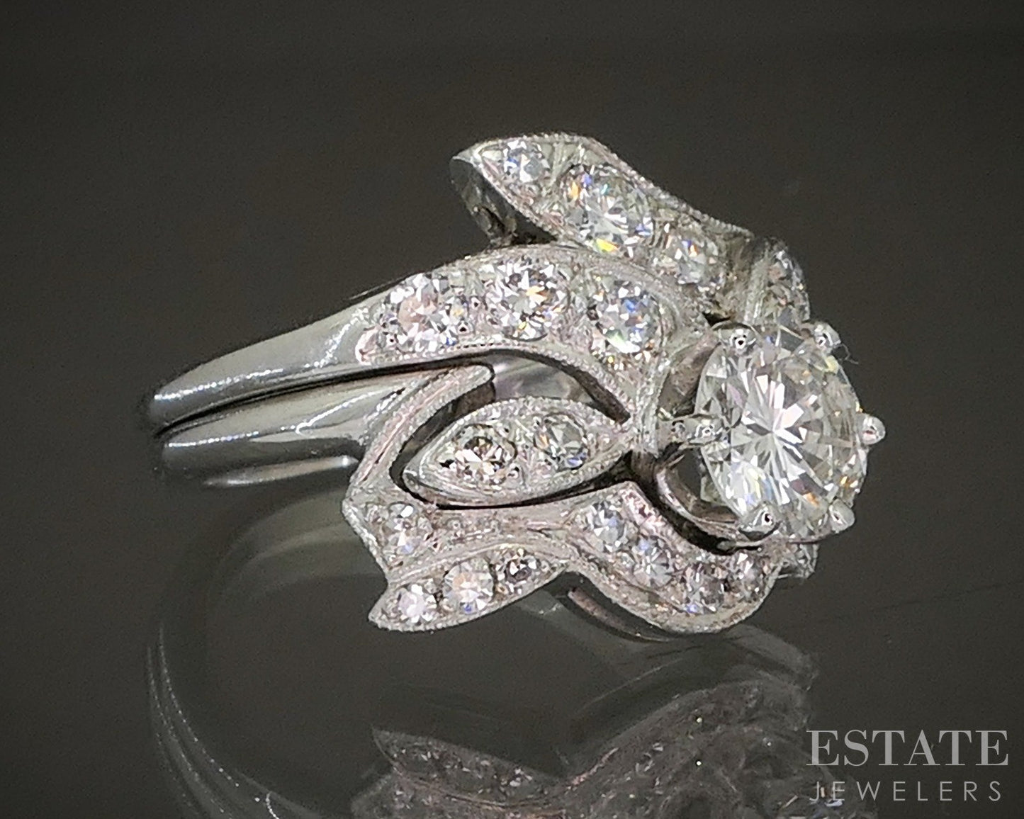 Antique 14k White Gold Round Natural 1.42ctw Diamond Wedding Set 6.6g p15966