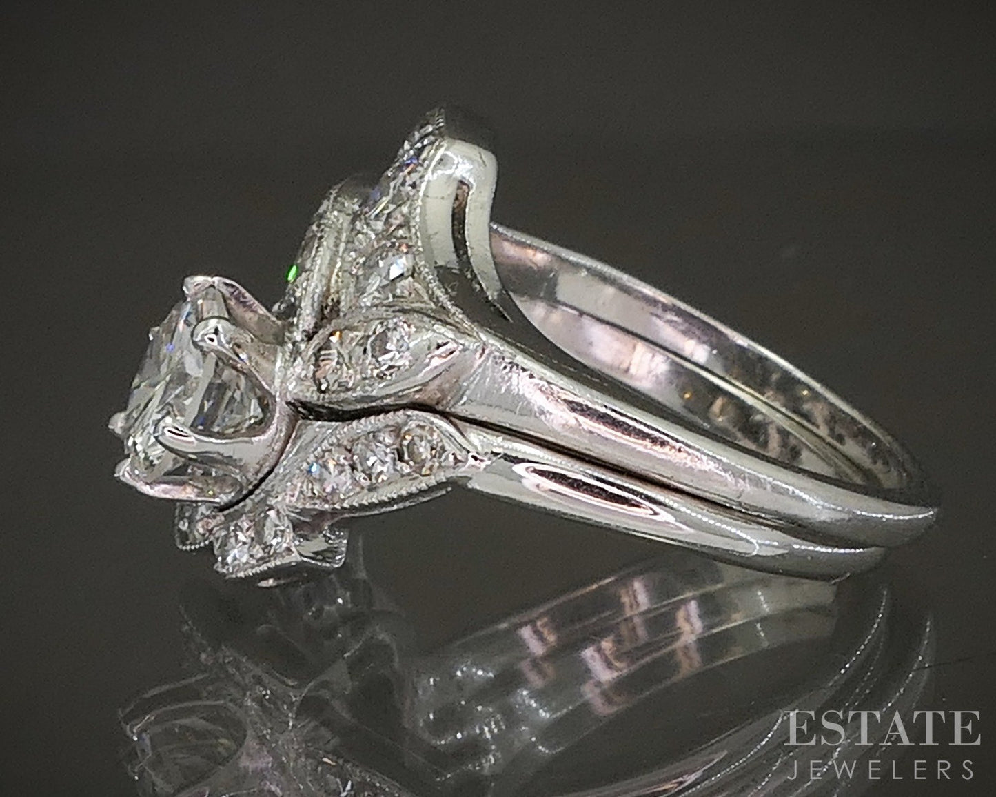 Antique 14k White Gold Round Natural 1.42ctw Diamond Wedding Set 6.6g p15966