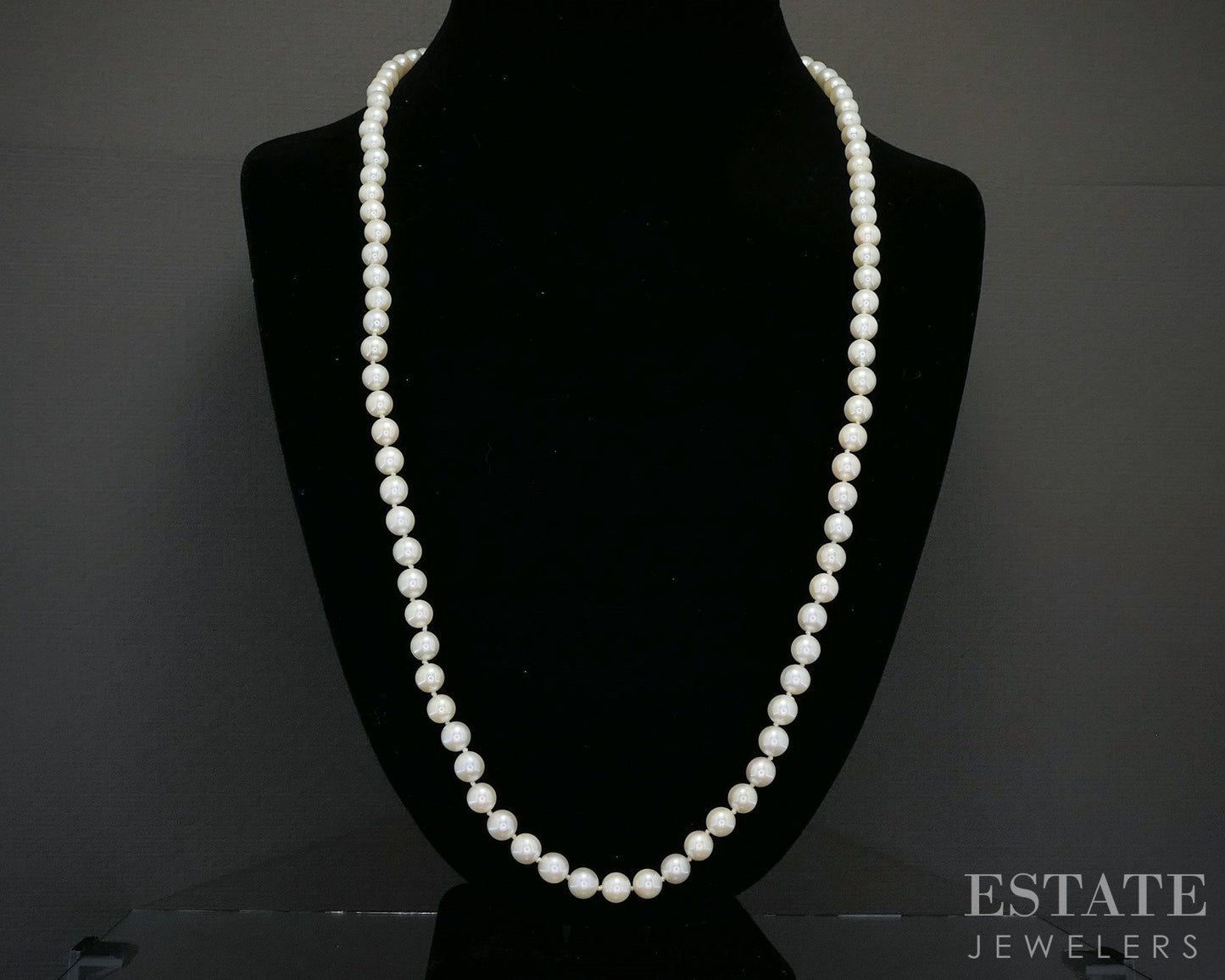 Vintage 14k White Gold 6.5mm Cultured Akoya Pearl Necklace 26"L p17827