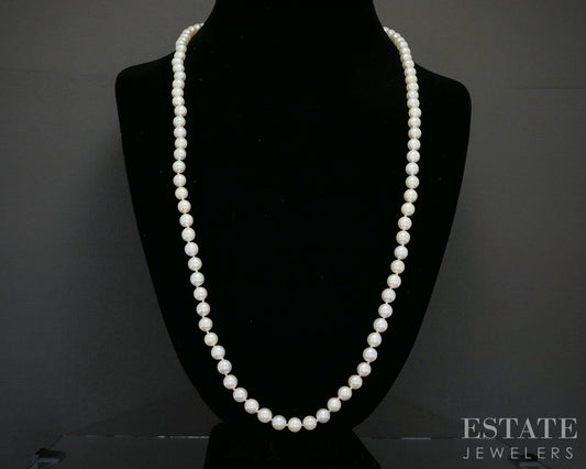Vintage 14k White Gold 6.5mm Cultured Akoya Pearl Necklace 26"L p17827