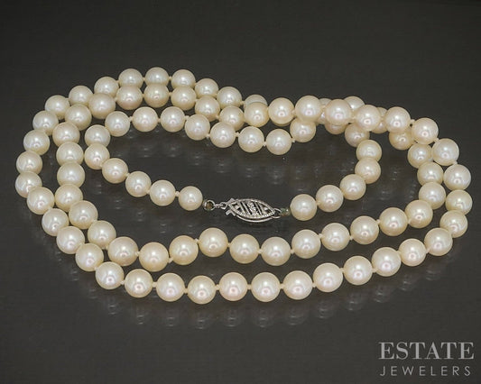 Vintage 14k White Gold 6.5mm Cultured Akoya Pearl Necklace 26"L p17827