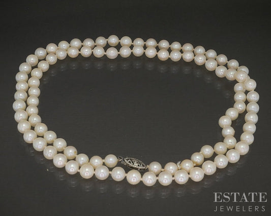 Vintage 10k White Gold 6mm Cultured Akoya Pearl Necklace 24"L p20732