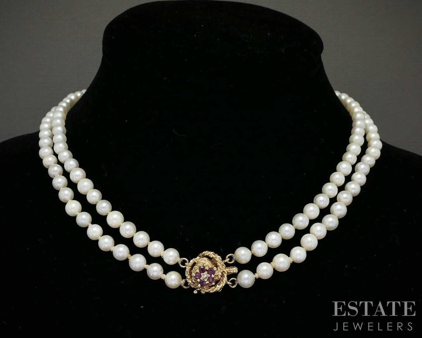 14k Yellow Gold Ruby & Diamond 5mm Pearl Double Strand Necklace 16"L p20726